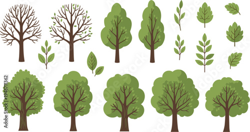 Green Tree and Leaf Vector Collection Featuring Different Forest Trees, Branches, and Foliage Elements for Nature Landscape, Botanical Design, and Environmental Illustration