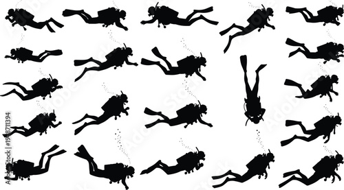 Scuba diver silhouettes set, underwater diving poses collection, scuba diving activity icons, diver swimming vector illustration isolated background