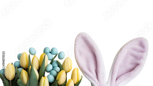 Cute Easter bunny ears with colorful eggs and spring flowers isolated on transparent background PNG
