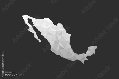 Mexico Map - Polygon style vector illustration in black, gray and white low poly geometric design, minimal silhouette, isolated for infographic.