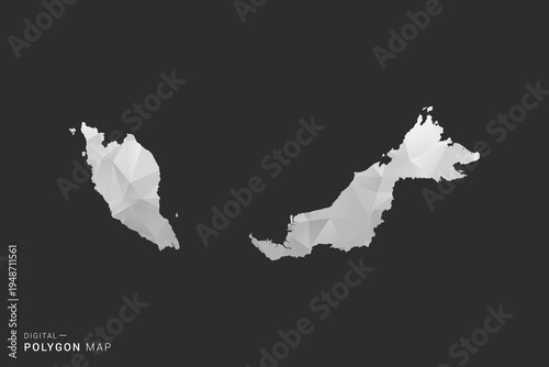 Malaysia Map - Polygon style vector illustration in black, gray and white low poly geometric design, minimal silhouette, isolated for infographic.