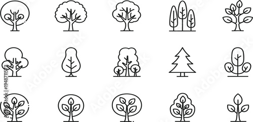 Minimal Tree Line Icon Set Featuring Various Forest, Garden, and Nature Tree Symbols in Outline Style for Eco Apps, Landscape Design, and Environmental Graphics