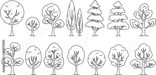 Minimal Tree Outline Icon Set Featuring Various Forest and Garden Trees in Clean Line Style for Nature Apps, Landscape Design, and Environmental Graphics