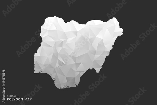 Nigeria Map - Polygon style vector illustration in black, gray and white low poly geometric design, minimal silhouette, isolated for infographic.