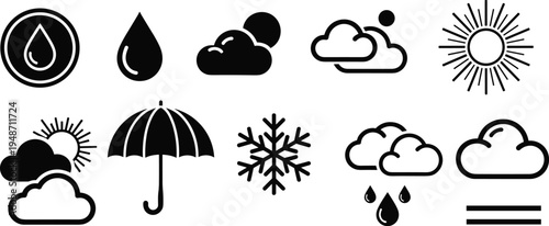 Weather icons set, sun cloud rain snow symbols, climate forecast collection, meteorology signs isolated on white background