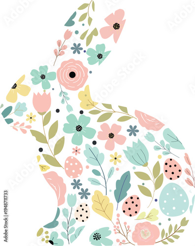 Cute Floral Easter Bunny Illustration with Eggs and Flowers Vector Art with Flower Pattern