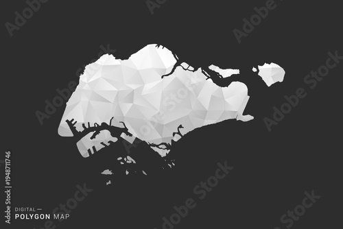 Singapore Map - Polygon style vector illustration in black, gray and white low poly geometric design, minimal silhouette, isolated for infographic.