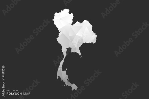Thailand Map - Polygon style vector illustration in black, gray and white low poly geometric design, minimal silhouette, isolated for infographic.