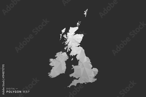 United Kingdom Map - Polygon style vector illustration in black, gray and white low poly geometric design, minimal silhouette, isolated for infographic.
