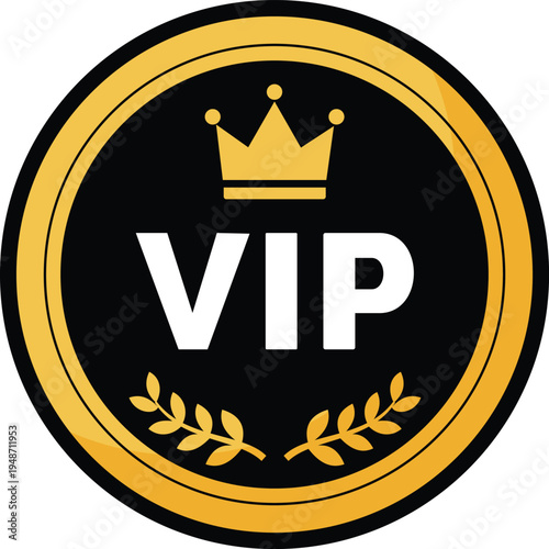 Round VIP emblem with crown and laurel wreath, black and gold, exclusive access symbol, premium status icon, High Quality, Seal Of Approval, Vip Club