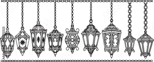 A collection of ornate hanging lanterns with intricate designs and patterns Vector