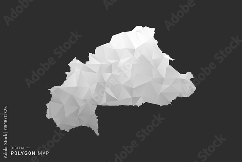 Burkina Faso Map - Polygon style vector illustration in black, gray and white low poly geometric design, minimal silhouette, isolated for infographic.