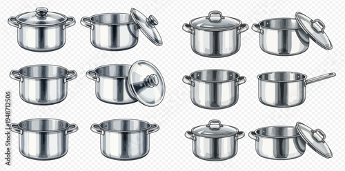 Set of stainless steel cooking pots and pans with lids, kitchen utensils for preparing food.