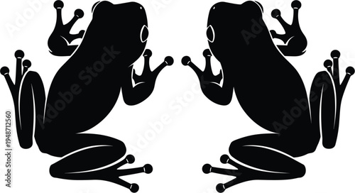 Frog silhouette pair illustration, symmetrical amphibian animal design, tropical frog icon isolated, wildlife nature symbol, black frog vector, decorative animal graphic