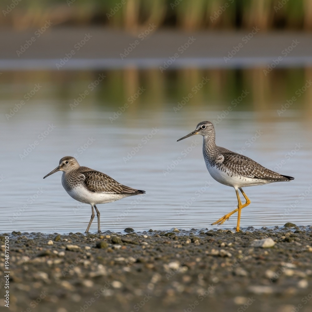 Obraz premium Two shorebirds foraging along the waters edge in natural habitat.
