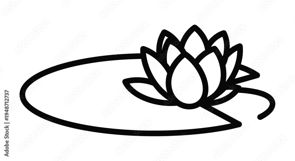 Fototapeta premium Simple black and white line drawing of a lotus flower with rounded leaves
