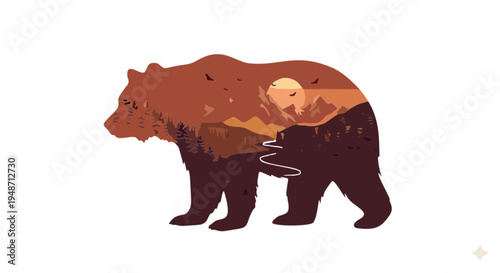 A vector illustration of a big wild elephant and a bear walking together as isolated animal silhouettes in a nature safari art style