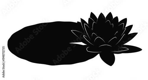 Black and white silhouette of a lotus flower with a large rounded leaf