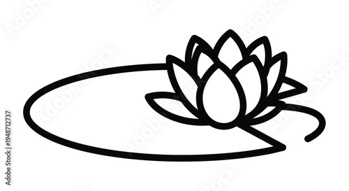 Simple black and white line drawing of a lotus flower with rounded leaves