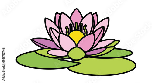 Illustration of a pink lotus flower blooming on a green lily pad