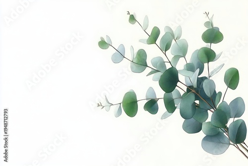 eucalyptus sprigs with round green-blue leaves and thin stems on white background, serene minimalist botanical composition