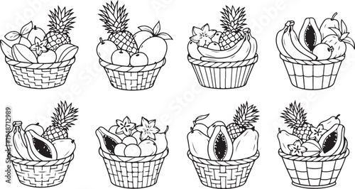 Eight wicker baskets filled with various tropical fruits in a black and white illustration Vector