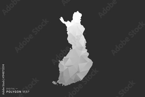 Finland Map - Polygon style vector illustration in black, gray and white low poly geometric design, minimal silhouette, isolated for infographic.