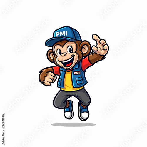 Cheerful Monkey Mascot in PMI Vest and Cap for Marketing