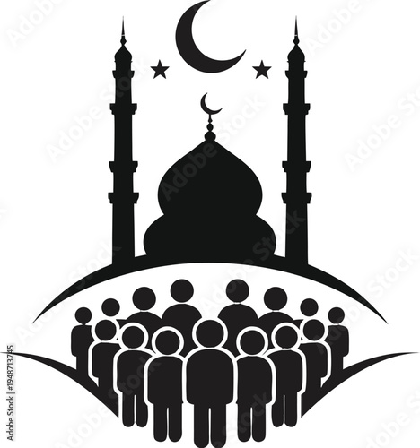 Minimal Muslim community performing Eid prayer in front of mosque crescent moon Islamic religious celebration silhouette vector illustration