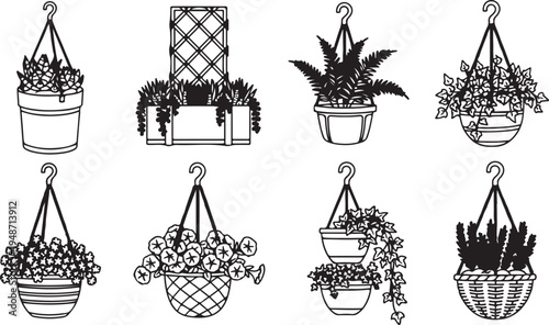 Assorted hanging planters with various plants and flowers. Vector