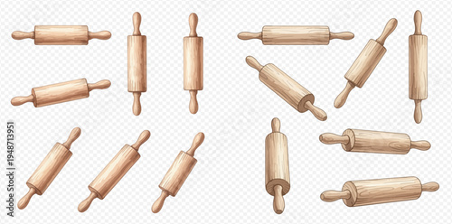 Set of wooden rolling pins for baking and cooking, isolated on transparent background.