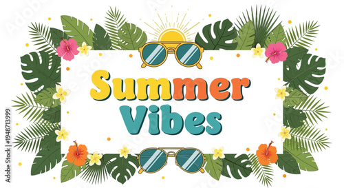 Summer Vibes tropical leaf flower frame vector