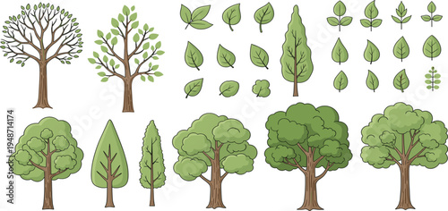 PrintTree and Leaf Vector Collection Featuring Forest Trees, Branches, and Various Green Leaves for Botanical Illustration, Nature Design, Environmental Graphics, and Garden Projects