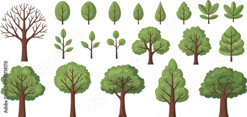 Tree and Leaf Vector Set Featuring Various Forest Trees, Branches, and Green Foliage Elements for Nature Landscape Illustration, Botanical Design, and Environmental Graphics