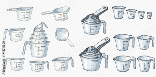 Collection of various kitchen measuring cups and spoons for cooking and baking.