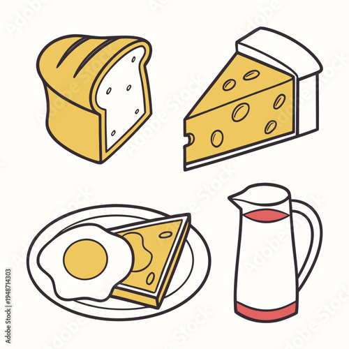 Breakfast meal icons: toast, fried egg, cheese, milk jug, flat design