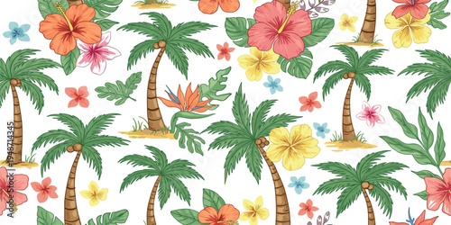 Tropical Palm Tree and Hibiscus Flower Seamless Pattern Vector Featuring Exotic Island Plants for Summer Beach Wallpaper, Fabric Print, and Botanical Design