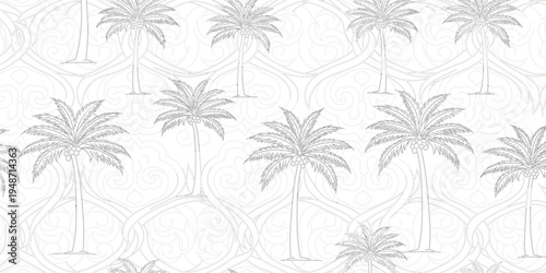 Tropical Palm Tree Seamless Pattern Vector with Decorative Swirl Background for Summer Beach Design, Exotic Wallpaper, Fabric Print, and Coastal Illustration