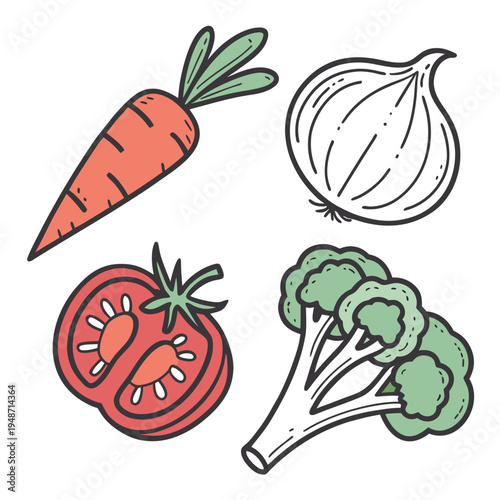 Fresh vegetables: carrot, onion, tomato, broccoli illustration
