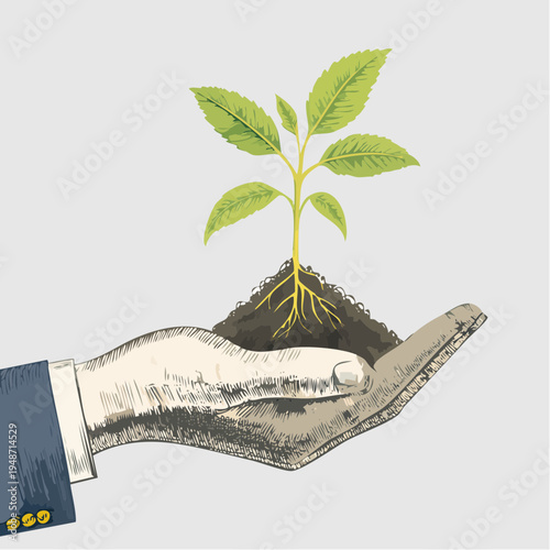 Hand holding a small plant with roots and soil symbolizing growth and care.