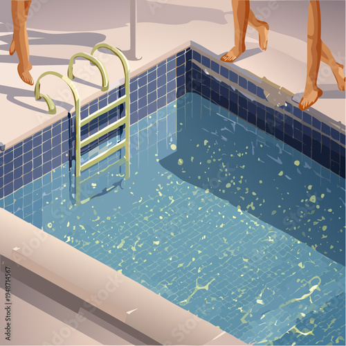 People walking around a swimming pool on a sunny day.