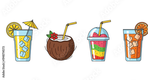 Set of 4 colorful cocktail icons vector