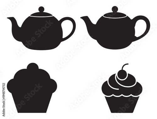 Black silhouette icons of two teapots and two cupcakes on a white background.