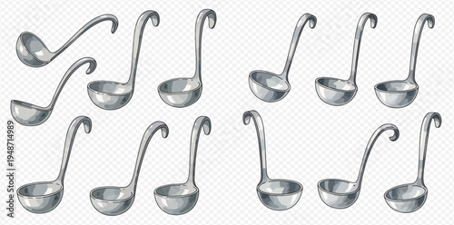 Set of metal kitchen ladles for cooking and serving food, isolated on transparent background.