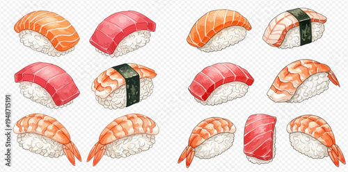 Watercolor illustration set of various sushi and nigiri pieces with salmon, tuna, and shrimp on a transparent background.