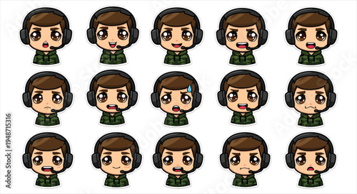 Cute Gamer Boy Character Emote Sticker Set, Cartoon Gaming Avatar Emoji Pack, Streaming Reaction Icons for Twitch Discord Vector