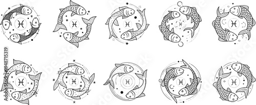 Pisces Zodiac Fish Symbol Illustration Set with Circular Astrology Designs, Hand Drawn Horoscope Icons, Mystic Water Sign Graphics for Spiritual and Celestial Themes