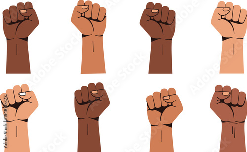 Raised Fist Hand Gesture Icon Set with Diverse Skin Tones Symbolizing Unity, Protest, Equality, Human Rights, Activism and Social Justice Movement