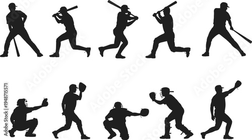 Baseball player silhouette collection featuring batting catcher and throwing action poses, professional sport athlete vector icons isolated on white background for game design
