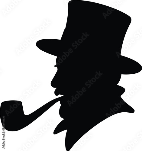 Silhouette of man in top hat smoking pipe isolated on white background